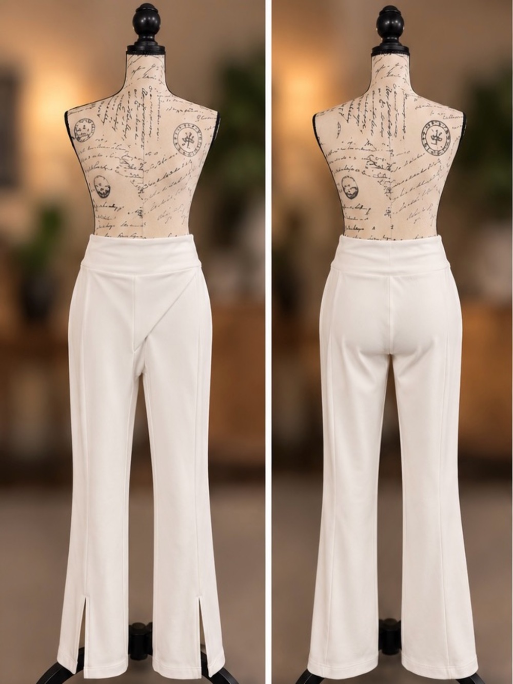 High-Rise Cream Wide-Leg Trousers with Front Slit